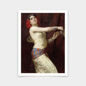 May include: A painting of a woman in a white dress with a red and blue sash, playing a tambourine. She is wearing a headpiece with red flowers and jewelry. The background is a dark red with a patterned rug.