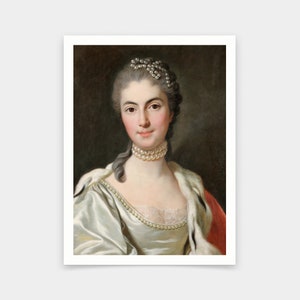 May include: A portrait painting of a woman wearing a white dress with a pearl necklace and a pearl hairpiece. The woman has a light complexion and is looking directly at the viewer.
