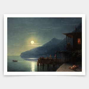 Puede incluir: Una pintura de una escena iluminada por la luna con un grupo de personas reunidas en un muelle. Un pequeño bote está en el agua en la distancia. La escena está iluminada por una luna brillante y la luz de un edificio en la costa.