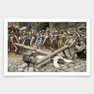 Pode incluir: Uma pintura que retrata uma cena da Bíblia, mostrando Jesus carregando uma cruz de madeira enquanto é conduzido por um grupo de soldados romanos. Os soldados estão vestidos com túnicas vermelhas e azuis, e carregam lanças e espadas. Jesus está vestindo uma túnica branca, e está cercado por uma multidão de pessoas.