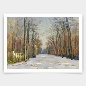 Könnte beinhalten: Ein Gemälde einer verschneiten Landschaft mit einer langen, von Bäumen gesäumten Straße. Die Bäume sind kahl und der Schnee ist weiß und flauschig. In der Ferne sind ein paar Figuren zu sehen, die gehen.
