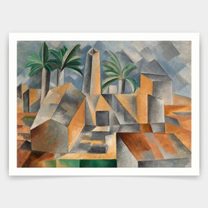 以下が含まれることがあります： 幾何学的な形と色で風景を描いたキュビスムの絵画。絵画の中央には、背の高い長方形の構造物が描かれており、その周りを建物とヤシの木が囲んでいます。色は主にグレー、ブラウン、グリーンの陰影です。