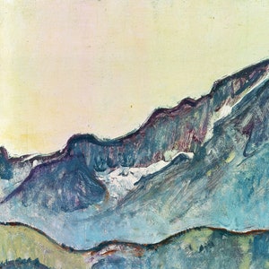 May include: A painting depicting a mountain range, rendered in shades of light blue and purple. The mountains are painted with thick brushstrokes, and the sky is a pale yellow.