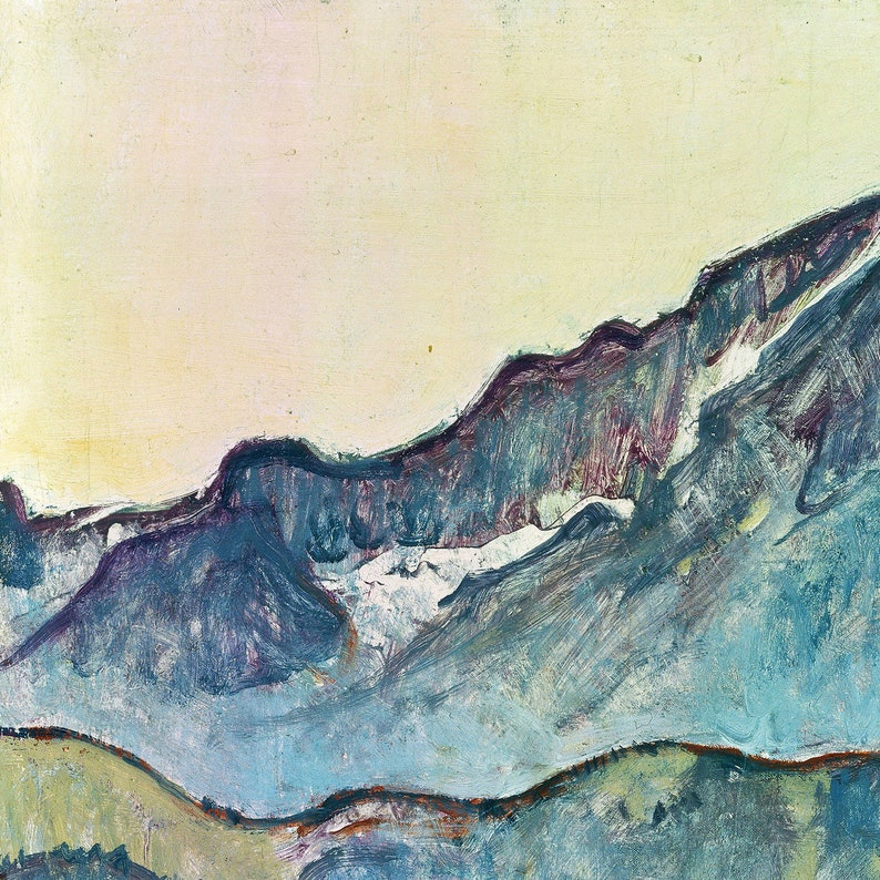 May include: A painting depicting a mountain range, rendered in shades of light blue and purple. The mountains are painted with thick brushstrokes, and the sky is a pale yellow.