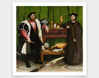 May include: A painting of two men standing in a room with a green wall and a table with various objects on it. The man on the left is wearing a black and red robe with a fur collar and a black hat. The man on the right is wearing a brown robe and a black hat. The painting is by Hans Holbein the Younger.