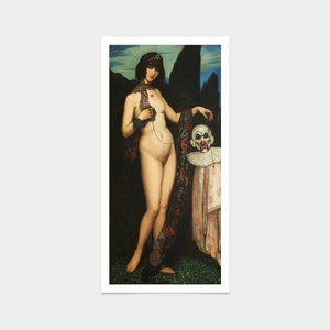 May include: A painting of a nude woman standing in a forest setting. She is wearing a black shawl and holding a string attached to a clown's head. The clown's head is wearing a white mask and a pink and red costume.