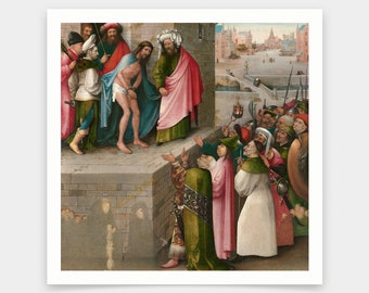 May include: A painting depicting a scene from the Bible, the Flagellation of Christ. Jesus is being whipped by two men in red and blue robes. A crowd of people in various clothing and armor watch the scene. The painting is set in a city with buildings and a bridge in the background.