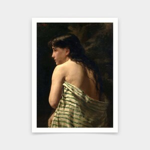 May include: A framed art print of a classical painting. The artwork depicts a person with long dark hair, seen from the side, draped in a green and white striped cloth. The background is dark, emphasizing the figure.