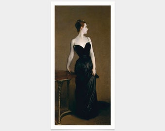 May include: A painting of a woman in a black gown standing next to a table. The woman has dark hair and is looking to the right. The background is a dark brown color.