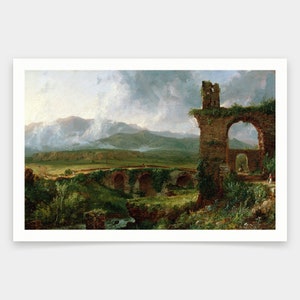 May include: A painting depicting a landscape with a stone archway, a bridge, and mountains in the distance. The sky is cloudy and the colors are muted.