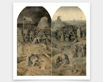 May include: A detailed painting depicting the crucifixion of Jesus Christ. The scene is divided into two panels, with the left panel showing the carrying of the cross and the right panel showing the crucifixion itself. The painting is done in a dark, somber palette, with the figures of the people in the scene rendered in a realistic style.