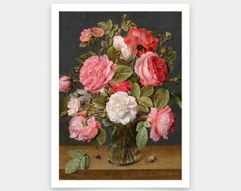 Jacob van Hulsdonck,Roses in a Glass Vase,art prints,Vintage art,canvas wall art,famous art prints,q509