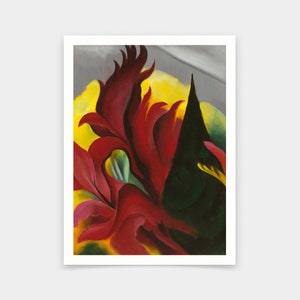 May include: Abstract painting of red and green flowers with a black background. The flowers are stylized and have a bold, graphic quality. The painting is done in a vibrant color palette and has a strong sense of movement.