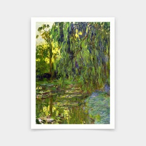 Puede incluir: Una pintura de un estanque con un sauce llorón que cuelga sobre el agua. El agua es de color verde claro y el sauce llorón es de color verde oscuro. La pintura está realizada en un estilo que recuerda al impresionismo.