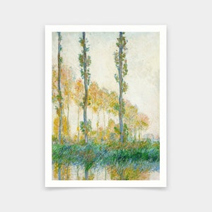 以下が含まれることがあります： 背の高い木々と川のある風景画。木は薄い青緑色で、川は薄い青色。空は薄い青色で、雲が浮かんでいる。