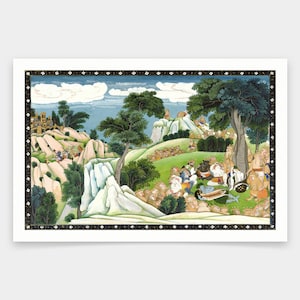 Può includere: Un'illustrazione colorata che rappresenta una scena della mitologia indù. L'immagine presenta un gruppo di figure riunite in un paesaggio montuoso, con un grande albero sullo sfondo. Le figure sono vestite con costumi elaborati e si dedicano a diverse attività, come suonare musica e ballare. La scena si svolge su uno sfondo di cielo blu e nuvole bianche.