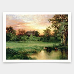 Thomas Moran,Easthampton,Farm landscape, cattle drinking water,art prints,Vintage art,canvas wall art,famous art prints,V5042