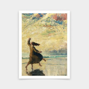 May include: A painting of a woman in a long dress running on a beach with her arms raised. The sky is a vibrant yellow and orange with white clouds. The ocean is blue and green with white waves.