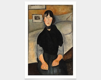 May include: A painting of a woman in a black dress and a blue shawl, sitting on a bed with a white sheet. The woman has dark hair and a serious expression.