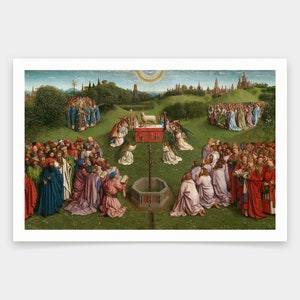 May include: A painting depicting a scene of religious worship with a large group of people kneeling in a field. The people are dressed in colorful robes and are looking towards a central figure, a white lamb on an altar. The painting is set against a backdrop of a city and a bright, glowing sky.