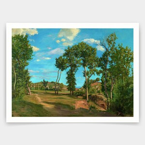 Peut inclure: Une peinture représentant un paysage avec un chemin de terre menant à travers un bosquet d'arbres. Les arbres sont verts et le ciel est bleu avec des nuages blancs. La peinture est de style réaliste.