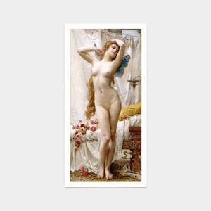 May include: A painting depicting a nude woman with long flowing red hair standing in a room with a bed. She has a blue butterfly wing on her back and is holding her hair with one hand. The room is decorated with flowers and a leopard skin rug.