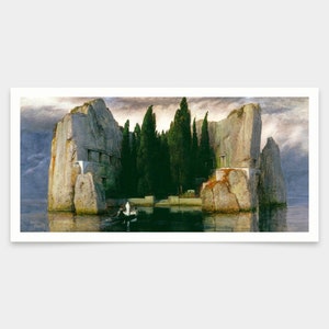 May include: A painting depicting a small island with a grove of cypress trees in the center. The island is surrounded by water and rocky cliffs. A small boat with two figures is in the foreground.