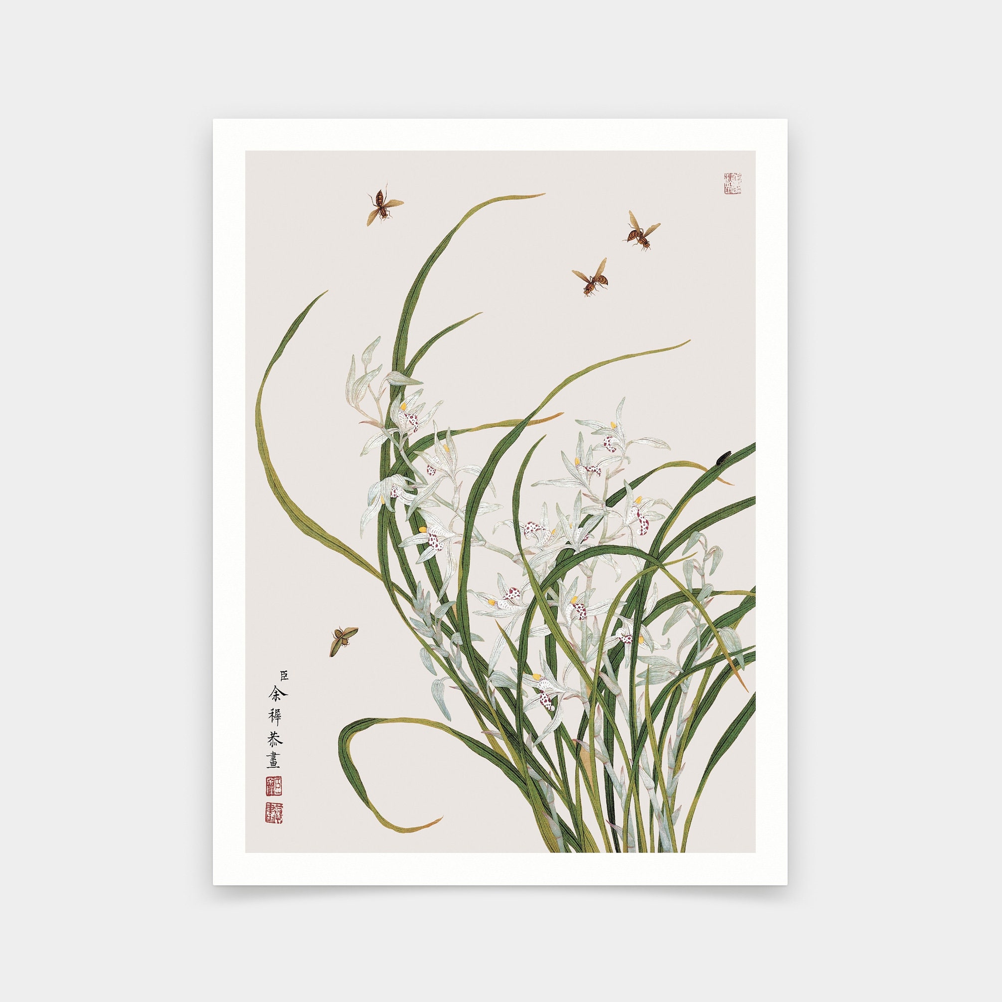 Yu Zhi,orchids and Bees,chinese Painting,art Prints,vintage Art