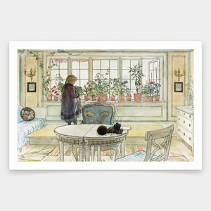 May include: A watercolor painting of a room with a window filled with potted plants. A young girl in a blue dress is watering the plants. A table with a chair is in the foreground.