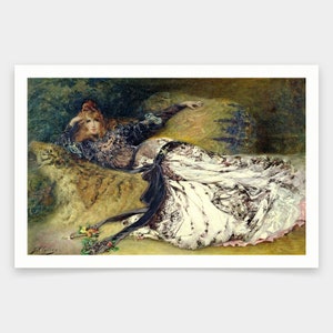 May include: A painting of a woman in a white and black dress, lying on a fur rug. She has long red hair and is wearing a black headband. The background is a blurry green and brown.