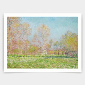 May include: A painting depicting a landscape with trees in the foreground and a blue sky in the background. The trees are a mixture of green and yellow, and the sky is a light blue. The painting is executed in a pointillist style, using small dots of paint to create the image.