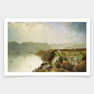 Op de afbeelding: Een schilderij dat een landschap afbeeldt met een rivier die door een vallei slingert. De rivier wordt omringd door weelderige groene heuvels en bomen. In de verte zijn er bergen. De lucht is zachtblauw met witte wolken.