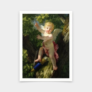 Jean-Jacque-Francois le Barbier, Cupido en un árbol, 1800, grabados de arte, arte vintage, arte de pared de lienzo, grabados de arte famosos, V6175
