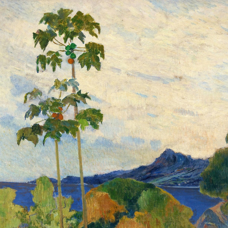May include: A painting of two papaya trees with green leaves and orange fruit in the foreground. The trees are in front of a blue body of water and a green and blue mountain in the background. The sky is a light blue with white clouds.