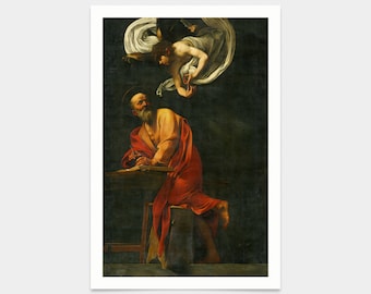 May include: A painting of a bearded man in a red robe sitting at a table, writing. An angel with white wings is flying above him.