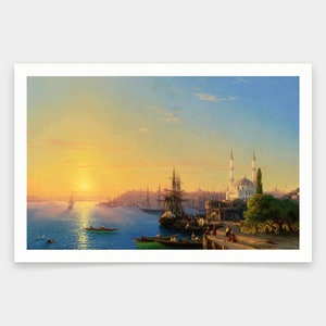 Puede incluir: Una pintura que representa una puesta de sol sobre un puerto con barcos y una mezquita en primer plano. El cielo es de un naranja y rosa vibrantes, y el agua es de un azul tranquilo. La mezquita es blanca con un alto minarete, y los barcos navegan en la distancia.