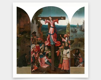 May include: A painting depicting a woman crucified on a cross, surrounded by a crowd of people. The scene is set in a landscape with a city in the background. The painting is in a triptych format, with three panels.