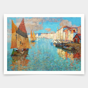 Konstantin Gorbatov,Vue de Chioggia, Paysage de ville côtière, Paysage de voile en bord de mer,impressions d’art,art vintage,art mural sur toile,V4534