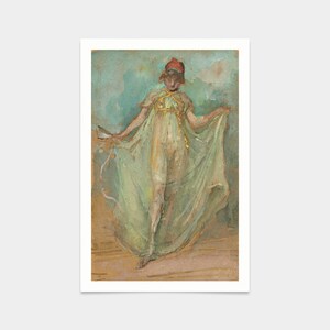 May include: A watercolor painting of a person wearing a long, flowing green dress and a red hat. The person is standing on a light brown surface.