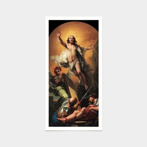 May include: A painting depicting the resurrection of Jesus Christ. He is ascending into the sky, surrounded by a golden light. Two soldiers are shown below, one of whom is looking up at Jesus.