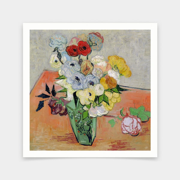 Vincent van Gogh, jarrón japonés con rosas y anémonas, grabados de arte, arte vintage, arte de pared de lienzo, grabados de arte famosos, V7283