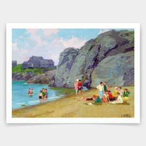 Puede incluir: Una pintura que representa una escena de playa con gente en la arena y en el agua. Hay rocas y una casa en el fondo. El cielo es azul con nubes blancas.