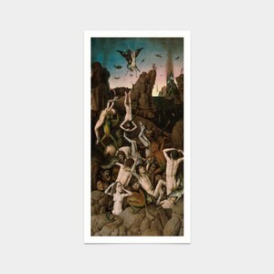 Puede incluir: Una pintura que representa una escena de caos y tormento. Una figura alada cae del cielo, rodeada de una multitud de figuras en diversos estados de angustia. La escena se desarrolla sobre un fondo de acantilados rocosos y una estructura distante y amenazante.