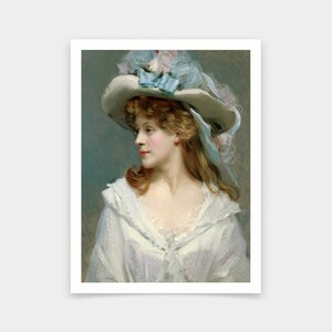 May include: A portrait painting of a woman with red hair wearing a white dress and a large blue and white hat. The woman is looking to the side and has a soft expression on her face.