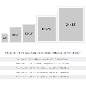 May include: A chart showing different sizes of paper prints, with the overall paper dimensions including the white border. The sizes are 6x8 inches, 11x14 inches, 12x16 inches, 18x24 inches, and 24x32 inches.