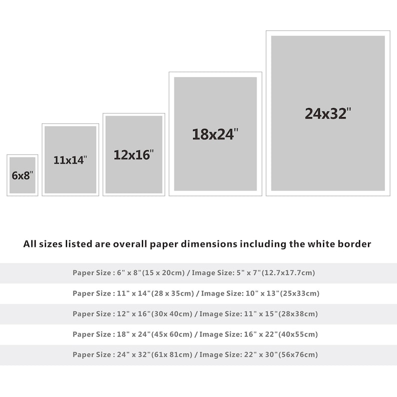 May include: A chart showing different sizes of paper prints, with the overall paper dimensions including the white border. The sizes are 6x8 inches, 11x14 inches, 12x16 inches, 18x24 inches, and 24x32 inches.