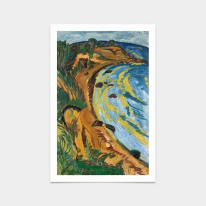 Puede incluir: Una pintura de un paisaje marítimo con una costa curvada y una masa de agua azul. La costa es de color marrón arenoso con vegetación verde. El agua es de un azul claro con reflejos amarillos y blancos.