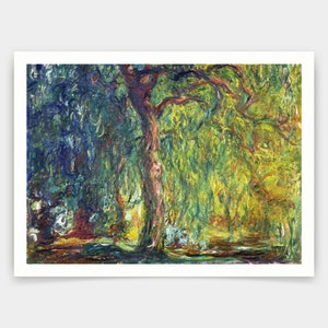 Puede incluir: Una pintura de un sauce llorón con hojas verdes y amarillas. El árbol está en un campo con un cielo azul de fondo. La pintura está hecha en un estilo que recuerda al impresionismo.