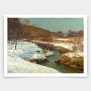 May include: A painting of a snow-covered landscape with a winding river in the foreground. The river is a vibrant blue-green color, and the snow is a soft white. The trees in the background are bare and brown, and the sky is a pale blue.
