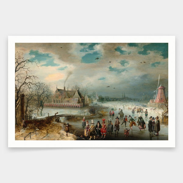 Adam van Breen,Skating on the Frozen Amstel River,art prints,Vintage art,canvas wall art,famous art prints,V919